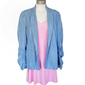 GENERATION LOVE Juniper blue open front blazer ruched sleeve jacket Size L NEW